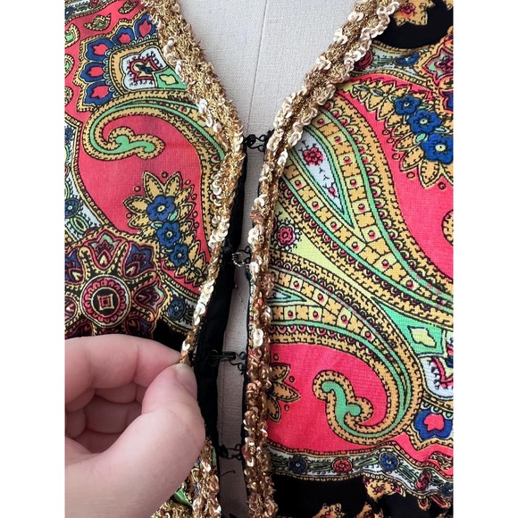 Vintage 70s Paisley Maxi Dress Pink Gold Sequin Trim Empire Waist Boho Gown - Picture 6 of 8